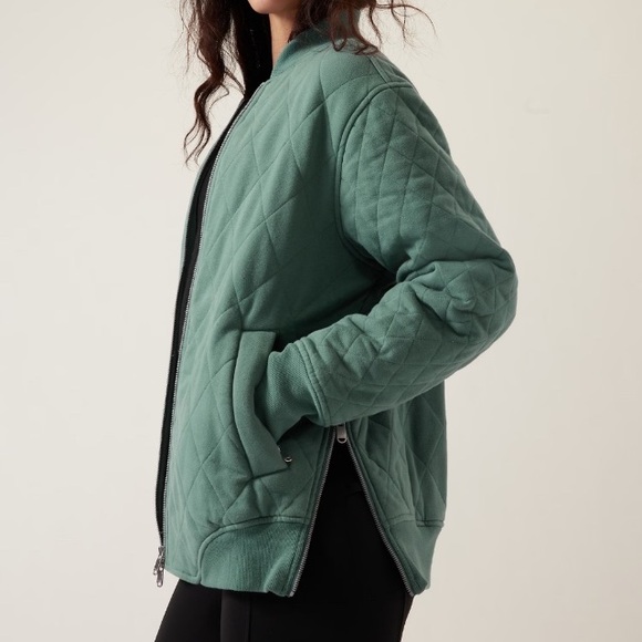 Athleta Women Jacket M Retroplush Bomber Jacket Teal Full Zip Up Quilted Green - Picture 5 of 16